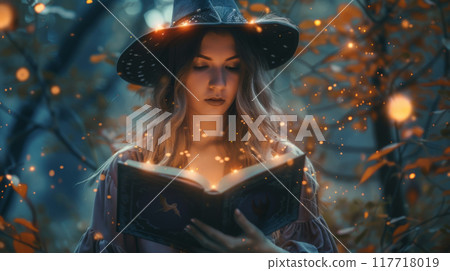 Enchanting Witch in Autumn Forest 117718019