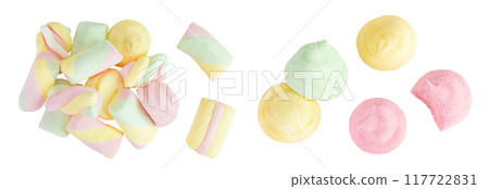 Colorful mini marshmallows isolated on white background with full depth of field. Top view. Flat lay 117722831