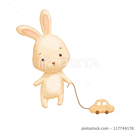 Cute baby bunny with toy car. Watercolor funny drawing for kids, childish poster 117749176