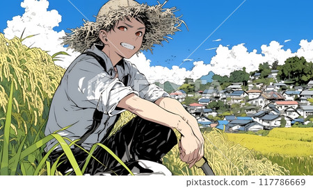 A man harvesting rice 117786669