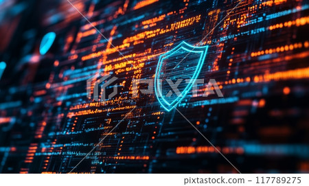 Abstract digital shield on a circuit board glowing with blue and orange lights, representing cybersecurity and digital protection. Emphasizing network security and data defense. 117789275