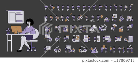 Business People set. Diverse work activities in modern corporate life. Collaboration, presentations, and workplace scenarios. Vector illustration. 117809715