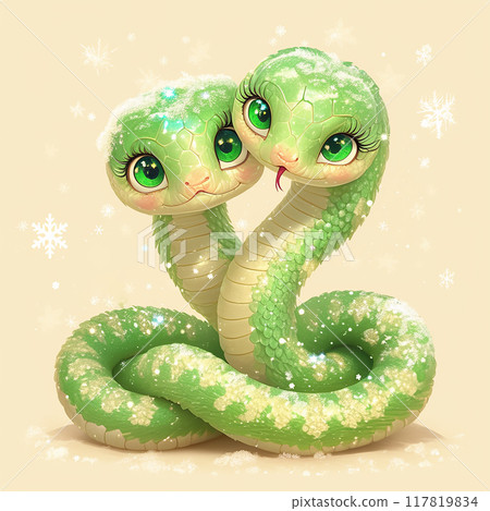 2025 Two green snakes are hugging each other. The image has a playful and cute mood. The two snakes are wearing eye makeup, which adds to their adorable appearance 117819834