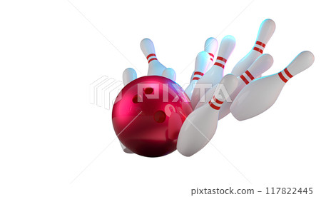 Striking bowling ball knocking down pins on transparent background 117822445