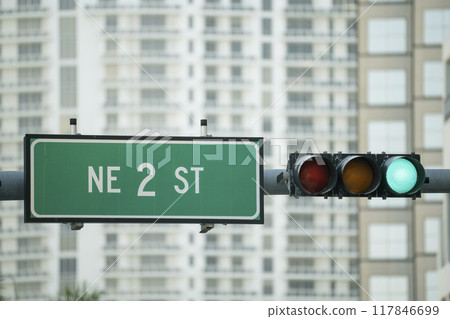 Overhead traffic lights high above street in Miami, Florida 117846699