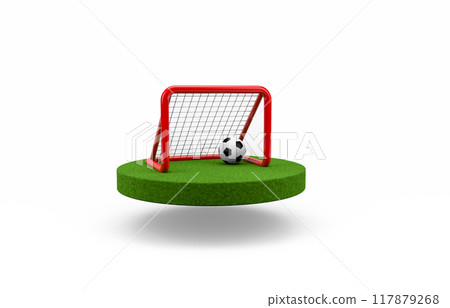 Close up football ball with the goal post and green grass field 117879268