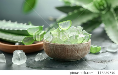 A bunch of green aloe vera leaves are sitting on a table by AI generated image 117889750