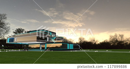 A distant sunrise breaks through the clouds behind a luxurious countryside mansion on a summer night. 3D rendering. 117899886