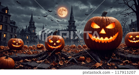 pumpkin, full moon, halloween 117913207