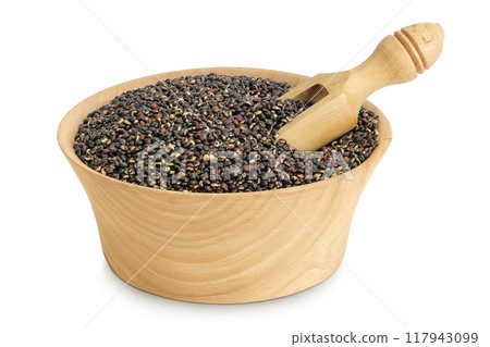 black quinoa in wooden bowl isolated on white background 117943099