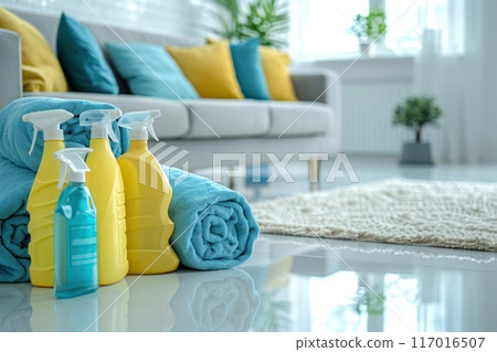 A blue couch sits in a living room with a bottle of Windex 117016507