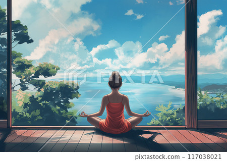 Woman doing yoga on a terrace with a sea view 117038021