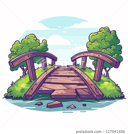 Cartoon wooden bridge over river, broken planks, surrounded greenery clear sky. Illustration whimsical countryside scenery lush trees wooden architecture. Charming handdrawn style artwork 117041880