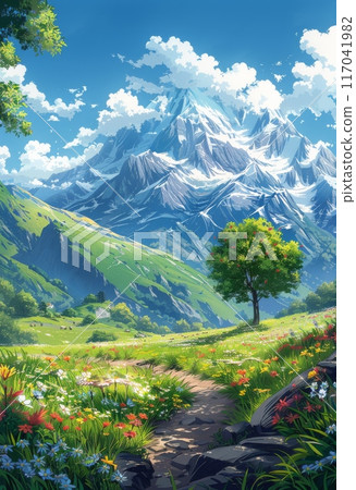 Beautiful mountain landscape with green fields and flowers 117041982