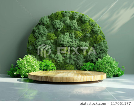 Wooden Platform with Green Mossy Wall and Plants 117061177