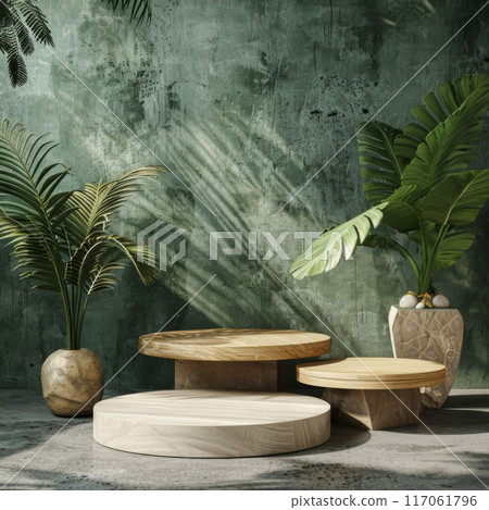 Wooden Platform Display with Greenery and Concrete Wall 117061796