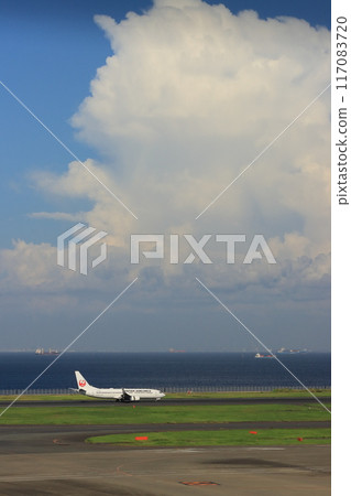 Summer sky and passenger planes Summer air travel 117083720