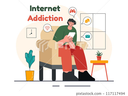 Internet Addiction Vector Illustration with Young People Addicted to Using Devices Such as Laptops or Smartphones in a Flat Style Cartoon Background 117117494