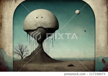 Surreal landscape in gloomy colors and grunge paper texture. 117198073