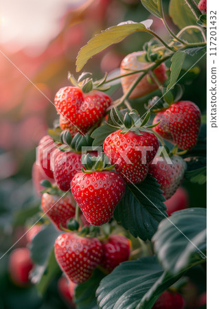 Selective focus of Strawberry fruit at the strawberry tree on the farm. 117201432