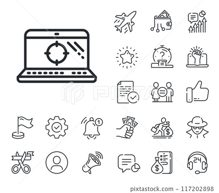 Search engine optimization sign. Salaryman, gender equality and alert bell outline icons. Seo laptop line icon. Aim target symbol. Seo laptop line sign. Spy or profile placeholder icon. Vector 117202898