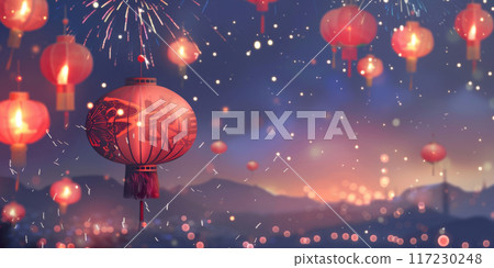 Traditional Chinese lanterns against fireworks in night sky, background 117230248