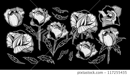 Black and White Fantasy Stylized Rose Flowers Collection, Tattoo Design Set, Inky Meditative Art Prints, Vector Decorative Elements Bundle 117255435