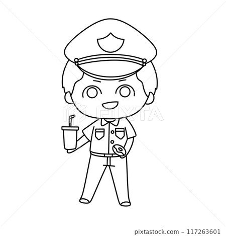 A cartoon police officer holding a cup and smiling 117263601