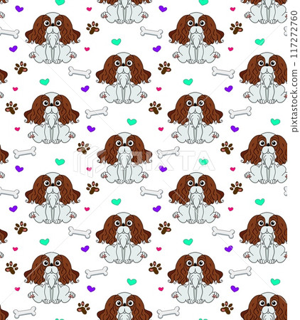 Cavalier King Charles spaniel seamless pattern. Different poses, coat colors set. 117272760