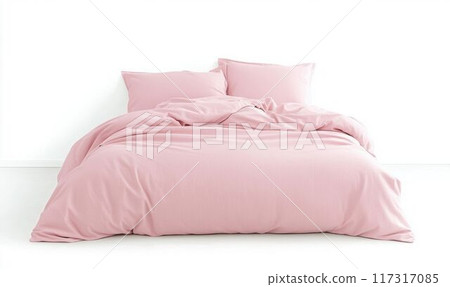 Pink Bed with Pillows and Duvet on White Background. Generative ai 117317085