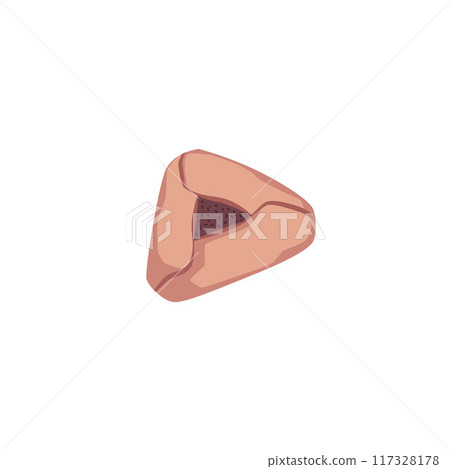 Jewish festival of Purim cookie food vector icon, tasty Hamantaschen with black chocolate, jam or halva triangular shape 117328178