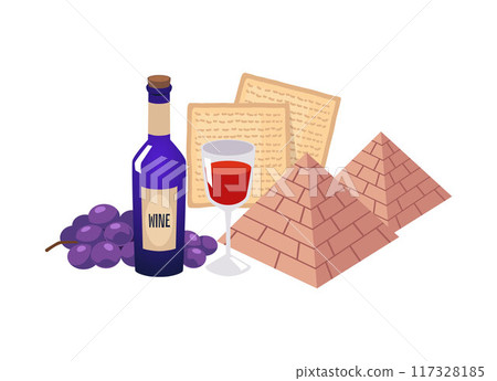 Happy Passover Jewish holiday traditional symbols vector flat composition, Matzah, wine, grapes and Egyptian pyramids 117328185