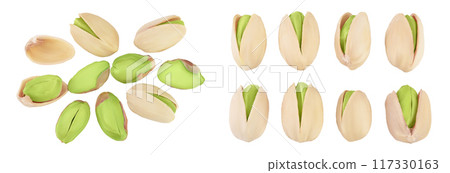 pistachio isolated on white background with full depth of field. Top view. Flat lay 117330163