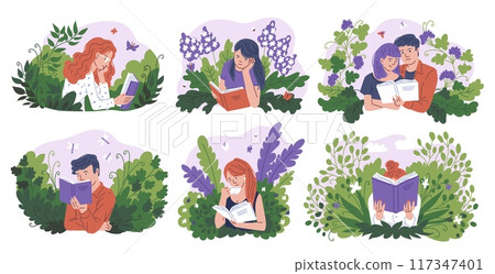 Young people reading a book with enjoy and great interest, cartoon booklover characters vector set isolated with flora 117347401