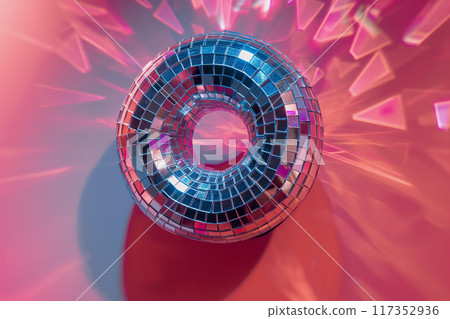 Disco ball donut on string against pink background. Party and celebration concept, dancing, late evening party, night club background. A donut shaped jewelry disco ball 117352936