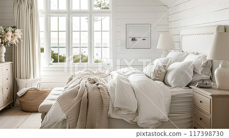 Beautiful interior of luxury bedroom with window sea view. Coastal cottage concept. High quality photo 117398730