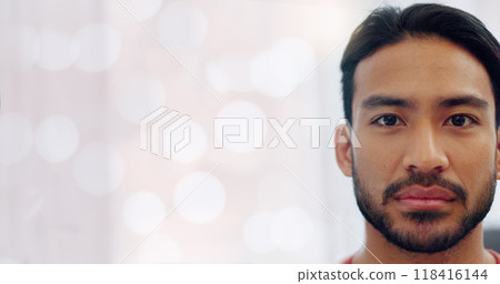 Man, portrait and closeup of bokeh, serious and mockup by space, vision and health for eyes. Indian person, choice and face of treatment, care and wellness or optometry, banner and contact lenses 118416144