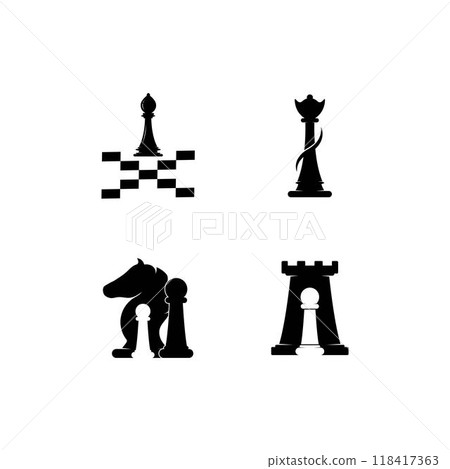 Chess pieces vector illustration. Chess Pieces: King, Knight, Rook, Pawns on a chessboard. 118417363