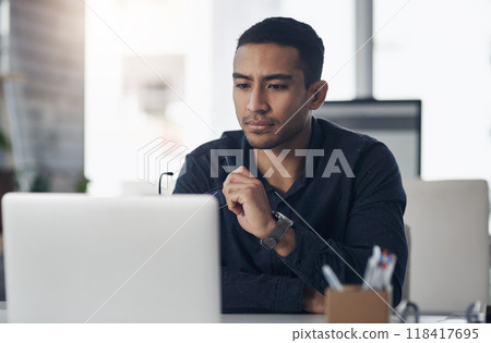 Thinking, news and report with a man journalist working in his management office at the editing agency. Review, journalism and idea with a young male editor at work on an article for reporting 118417695