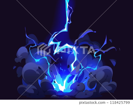 Cartoon blue electric thunder bolt effect, thunderstorm lightning. Vector vibrant striking lightning bolt, capturing the power and intensity of a thunderstorm energy, weather, and electricity impact 118425799