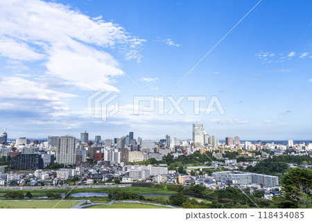 Overhead view of Sendai city in autumn seen from Sendai Castle Ruins (Aoba Castle), Aoba Ward, Sendai City 118434085