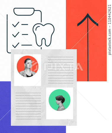 Contemporary art collage. Abstract artwork features checklist, tooth icon, upward arrow, and profile portraits of man and woman. 118442621