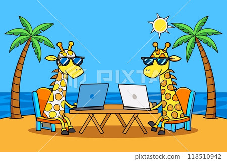 Two freelance giraffes work on laptops on the shore of a tropical sea 118510942