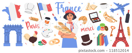 France set. Hand drawn elements for vacation card or print postcard. French national travel symbols. Vector illustration. 118512014