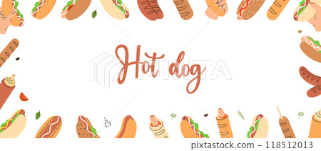 Hot dogs elements in horizontal banner. Tasty fast food. Long buns, sausage, vegetables, sauces. Vector illustration. 118512013