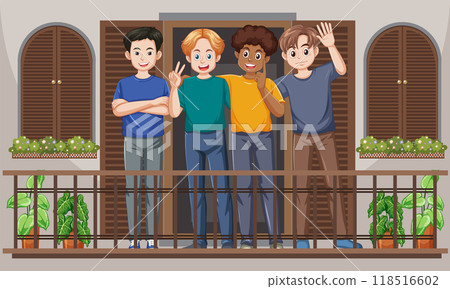 Friends Hanging Out on Balcony 118516602