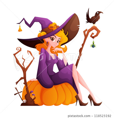 A cartoon witch in a purple dress sits on a pumpkin, wearing a large hat with a skull decoration, beside a crow and spooky tree. 118523192