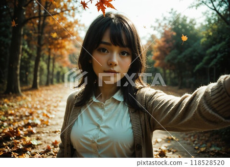 Woman taking a selfie in an autumn park 118528520