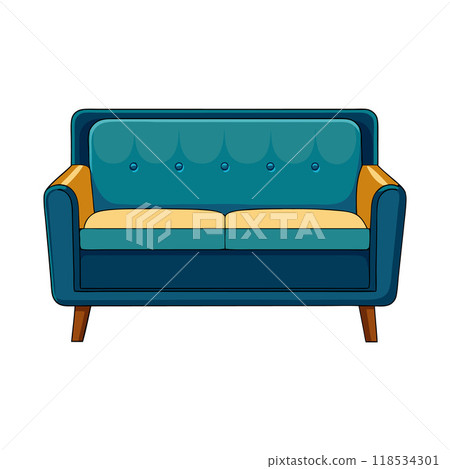 A blue and yellow couch with a blue cushion and yellow cushion 118534301