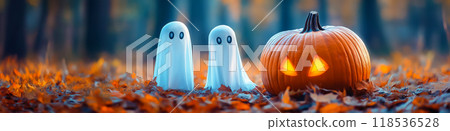 Halloween greeting card. Two ghosts and a pumpkin 118536528